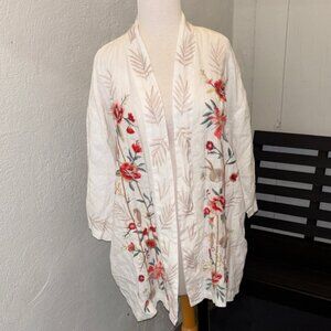 Johnny Was Ceretti Linen Cropped White Kimono with Floral Embroidery Size Medium